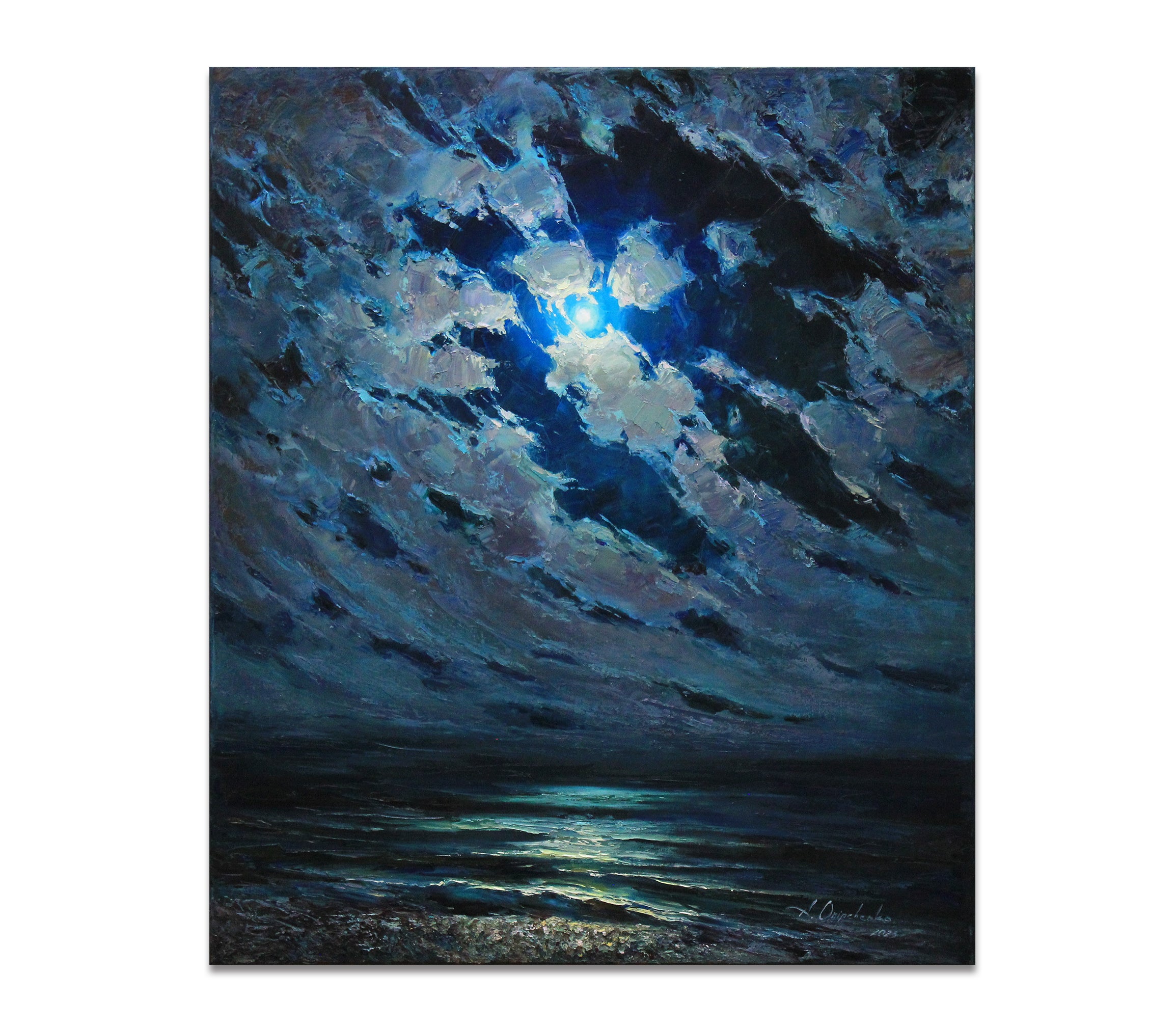 Oil on board - Romanticist - Into special and original frame - cheapest Unknown peintre from 90s - Nice night scene of moon over the sea