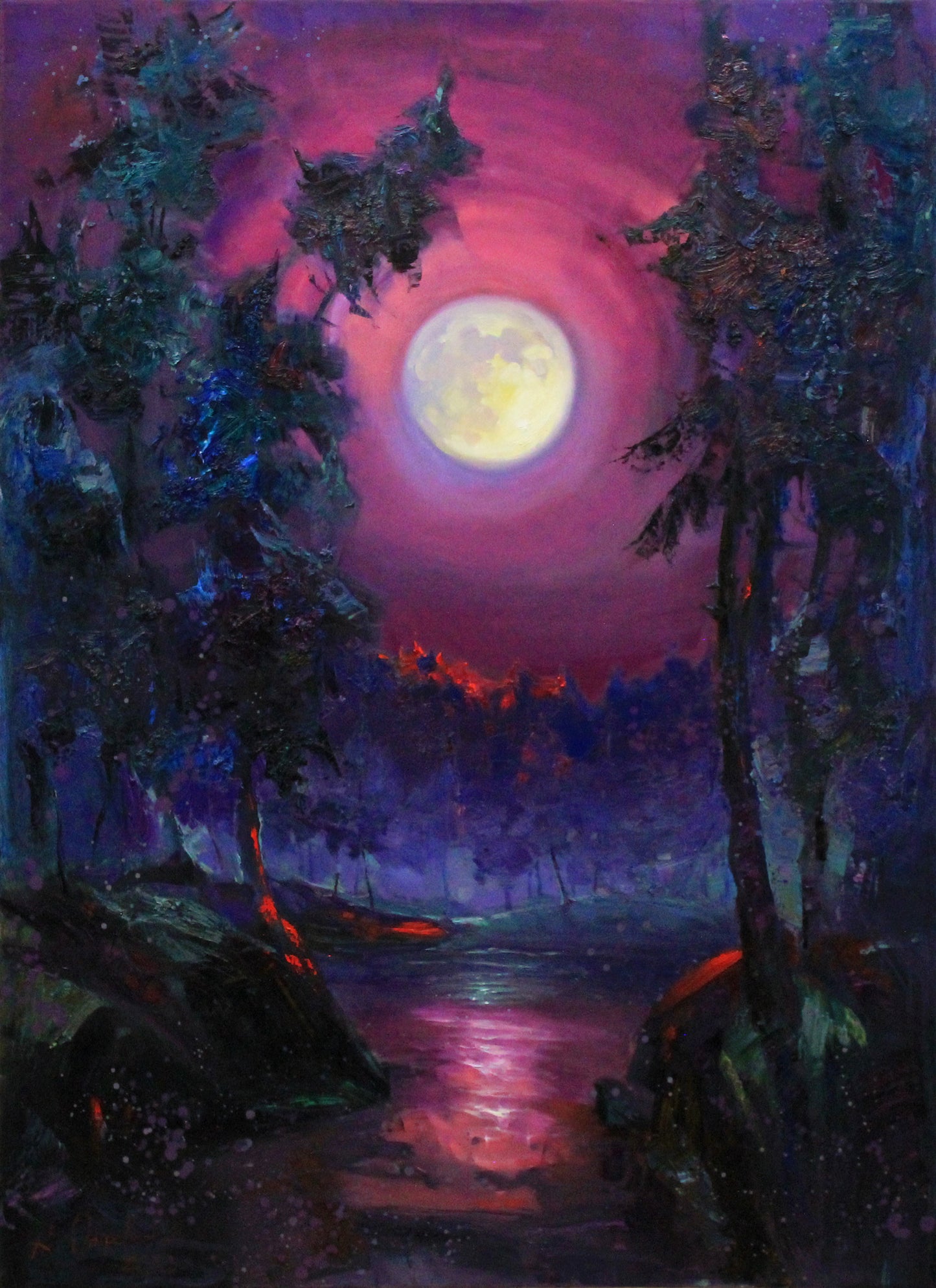 Moon oil painting original, night sky painting, gothic artwork, moonlight art, Night Landscape, Signed oil painting