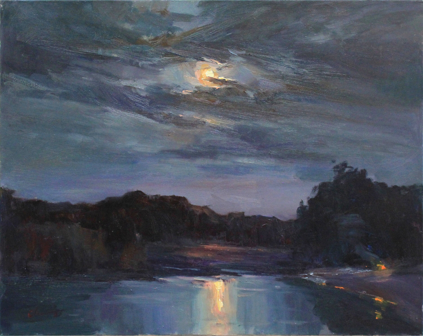 Impressionist painting, night sky, cloud art, moon painting, river art, landscape painting, fine art