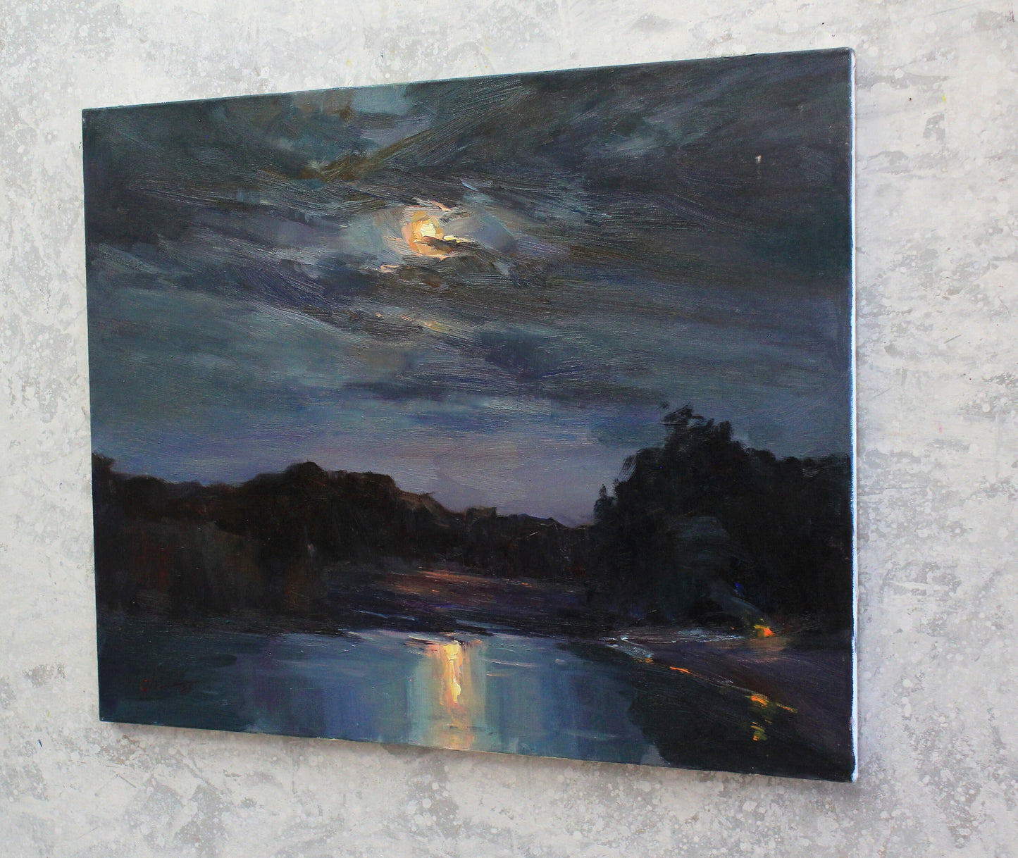 Impressionist painting, night sky, cloud art, moon painting, river art, landscape painting, fine art