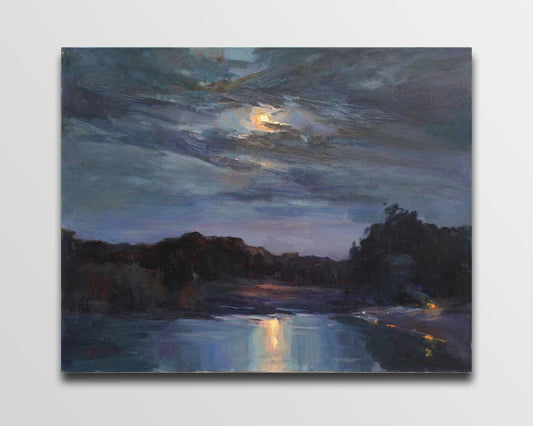 Impressionist painting, night sky, cloud art, moon painting, river art, landscape painting, fine art