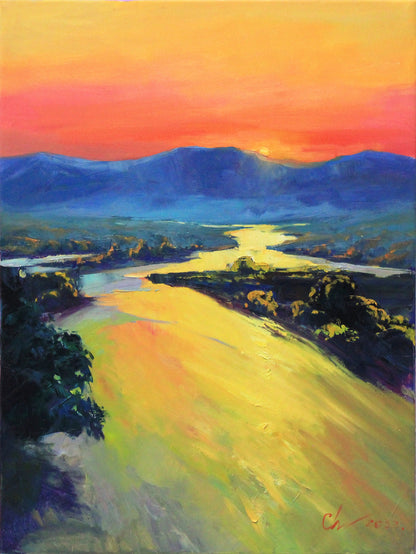Painting on canvas original, Sunset, River art, New home gift, living room wall art, Mother gift, large landscape painting